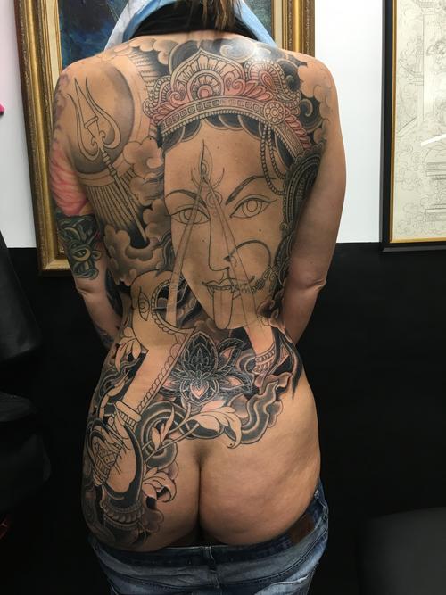 uncredited 'recipient' - kali in progress | Tattooing & Art by Yoni Zilber
https://yonizilber.wordpress.com/2016/09/04/kali-in-progress/